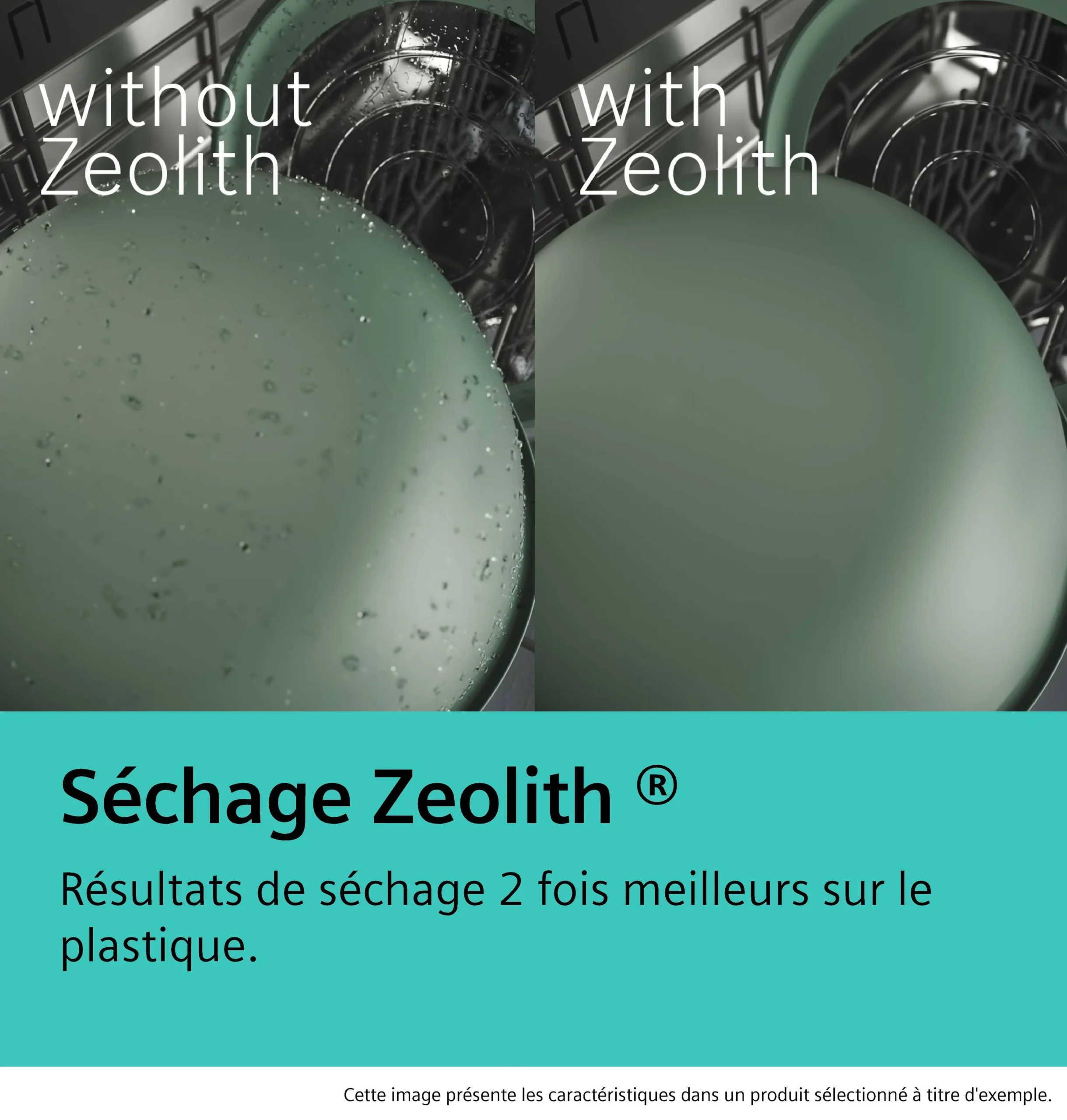Comparaison avec le modèle SIEMENS SN65Z804CE : une assiette est humide sans zéolite, tandis qu'une autre est parfaitement sèche grâce à la technologie zéolite. Le texte en français ci-dessous souligne les performances de séchage supérieures du modèle SN65Z804CE.