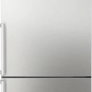 Le réfrigérateur SIEMENS KG49NEICU a un design argenté élégant, un congélateur inférieur et des poignées verticales.