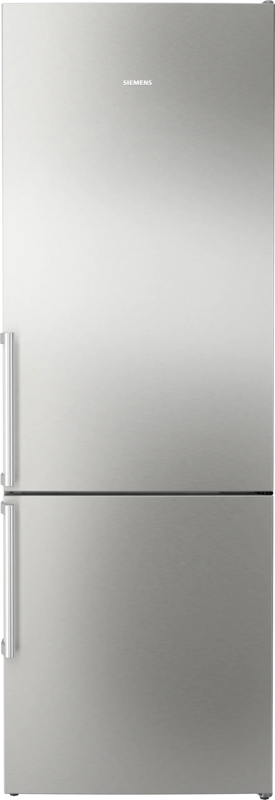 Le réfrigérateur SIEMENS KG49NEICU a un design argenté élégant, un congélateur inférieur et des poignées verticales.