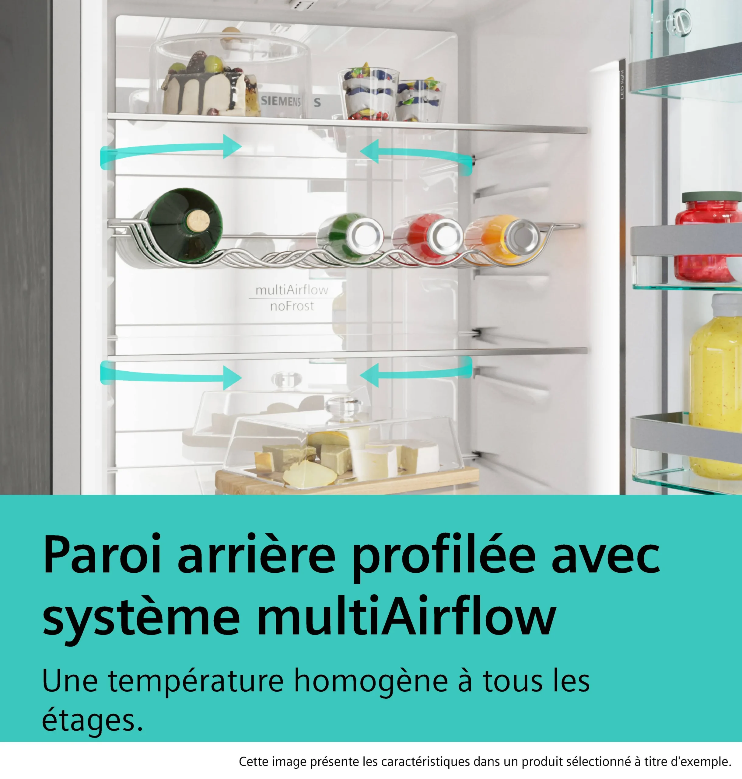Réfrigérateur SIEMENS KG49NEICU ouvert, rempli de bouteilles et nourriture, mettant en avant ses étagères spacieuses et son système multiAirflow à l'intérieur.