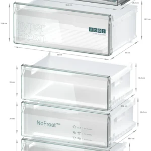 Un diagramme présente six tiroirs de réfrigérateur transparents avec des dimensions centimétriques, soulignant l'espace de rangement spacieux du SIEMENS KG49NEICU.