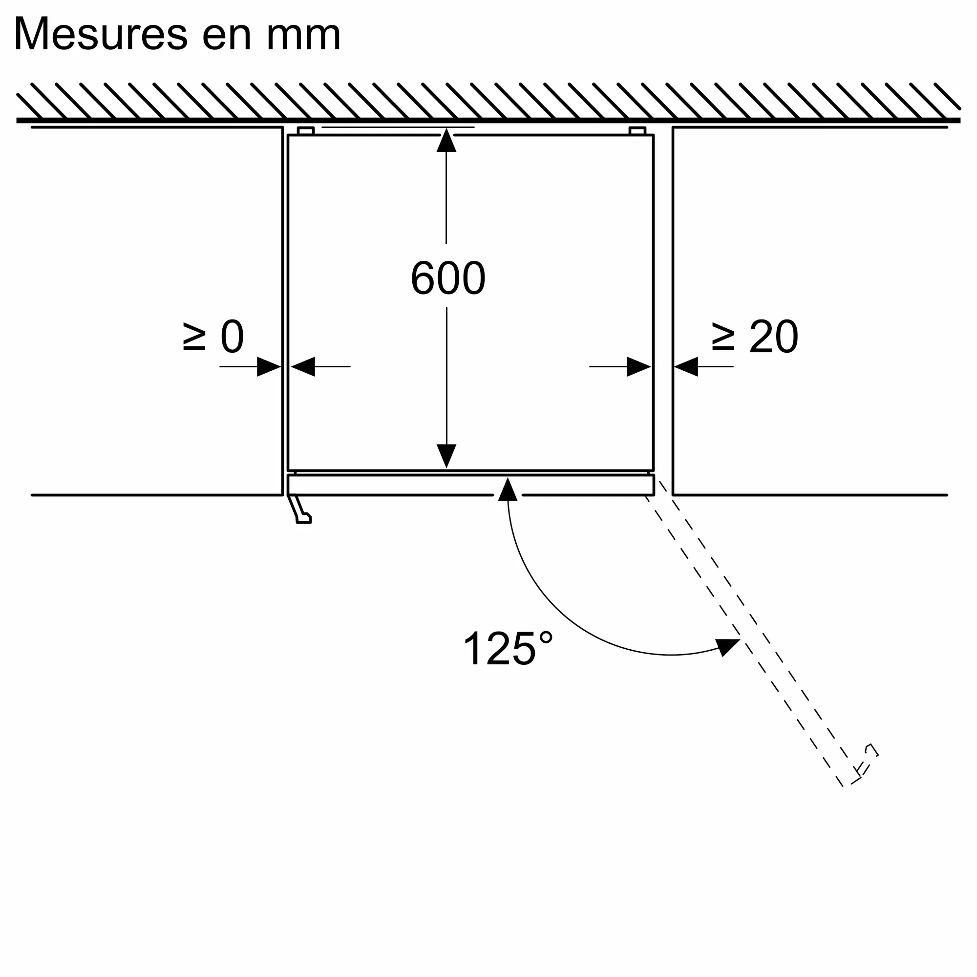 Schéma technique du réfrigérateur SIEMENS KG49NEICU avec une ouverture de 600 mm de large, une ouverture de porte de 125° et des dégagements marqués comme ≥0 mm et ≥20 mm.