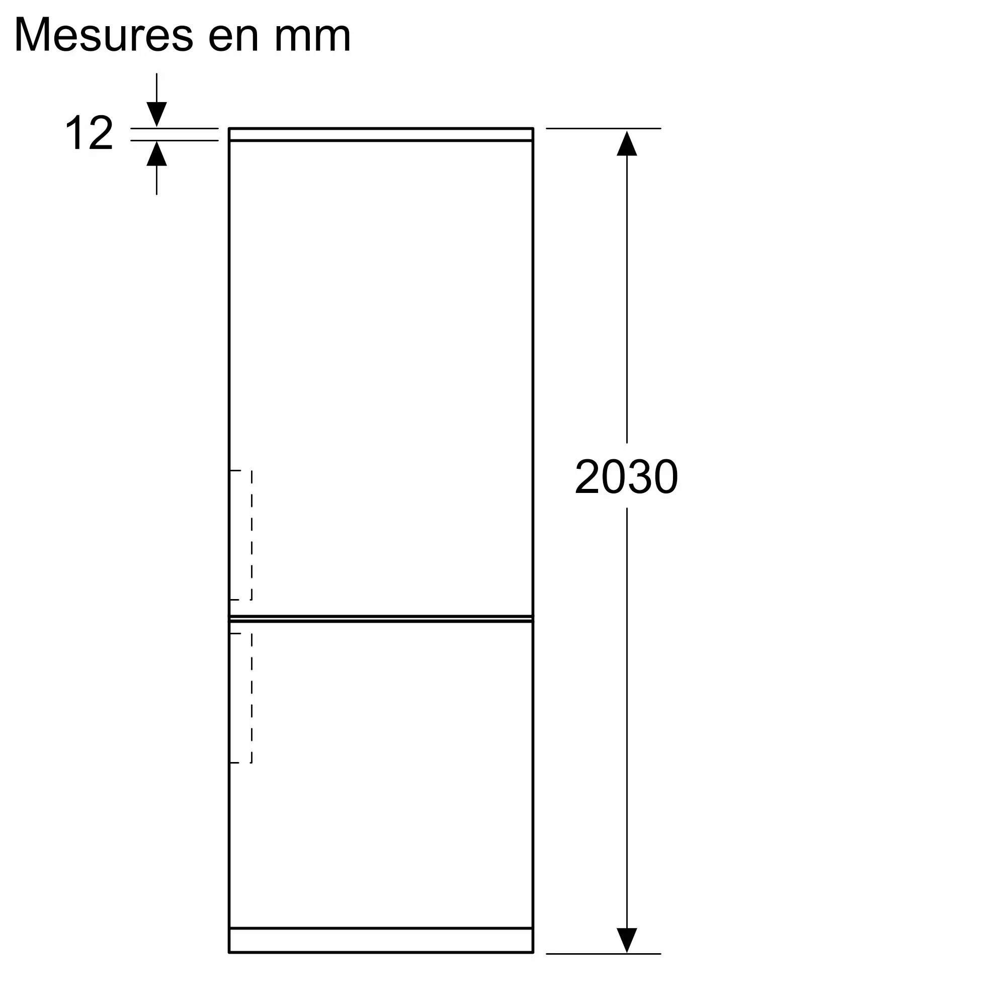 Un diagramme rectangulaire vertical intitulé "Mesures en mm" présente le réfrigérateur SIEMENS KG49NEICU, d'une hauteur de 2030 mm, avec une marge supérieure de 12 mm.