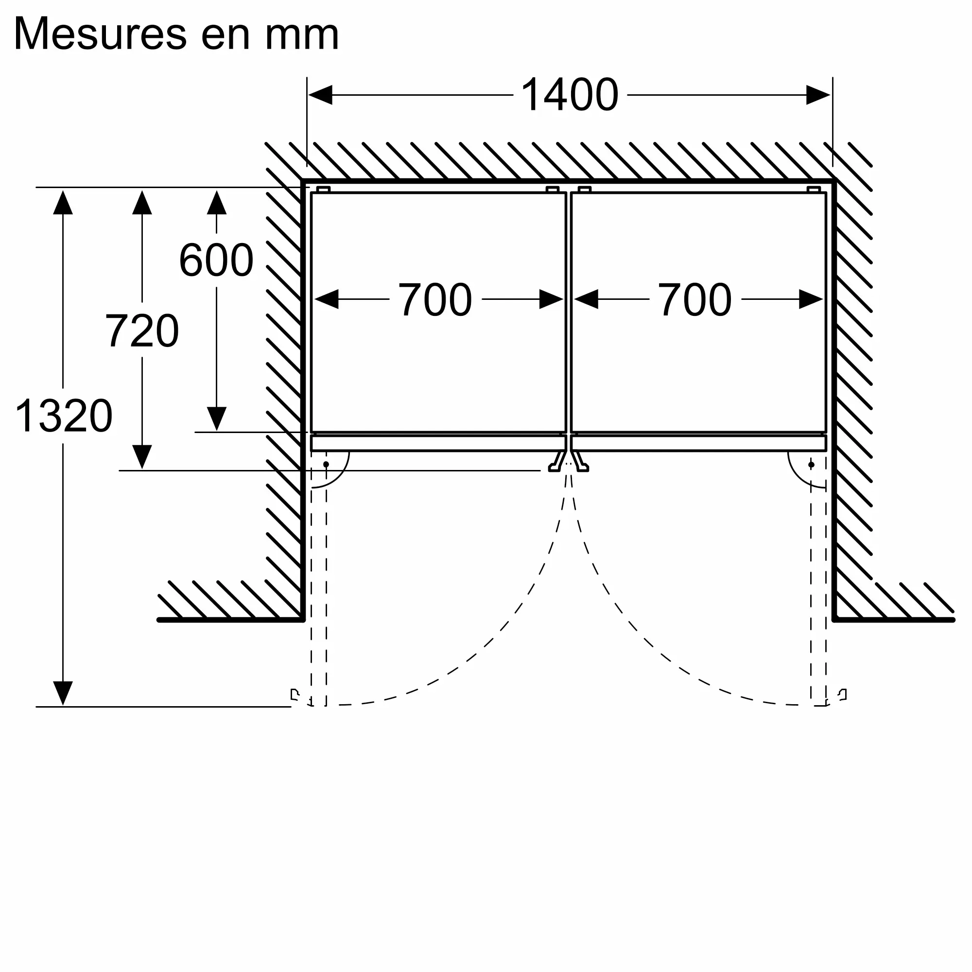 Le dessin technique illustre un espace de 1400 mm de large avec deux panneaux de 700 mm et des mesures verticales en millimètres, conçu pour accueillir le réfrigérateur SIEMENS KG49NEICU.