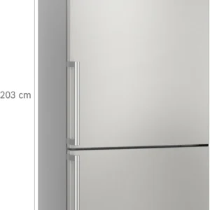 Le réfrigérateur SIEMENS KG49NEICU mesure 203 cm de haut, 70 cm de large et 60 cm de profondeur, avec un réfrigérateur supérieur et un congélateur inférieur spacieux.