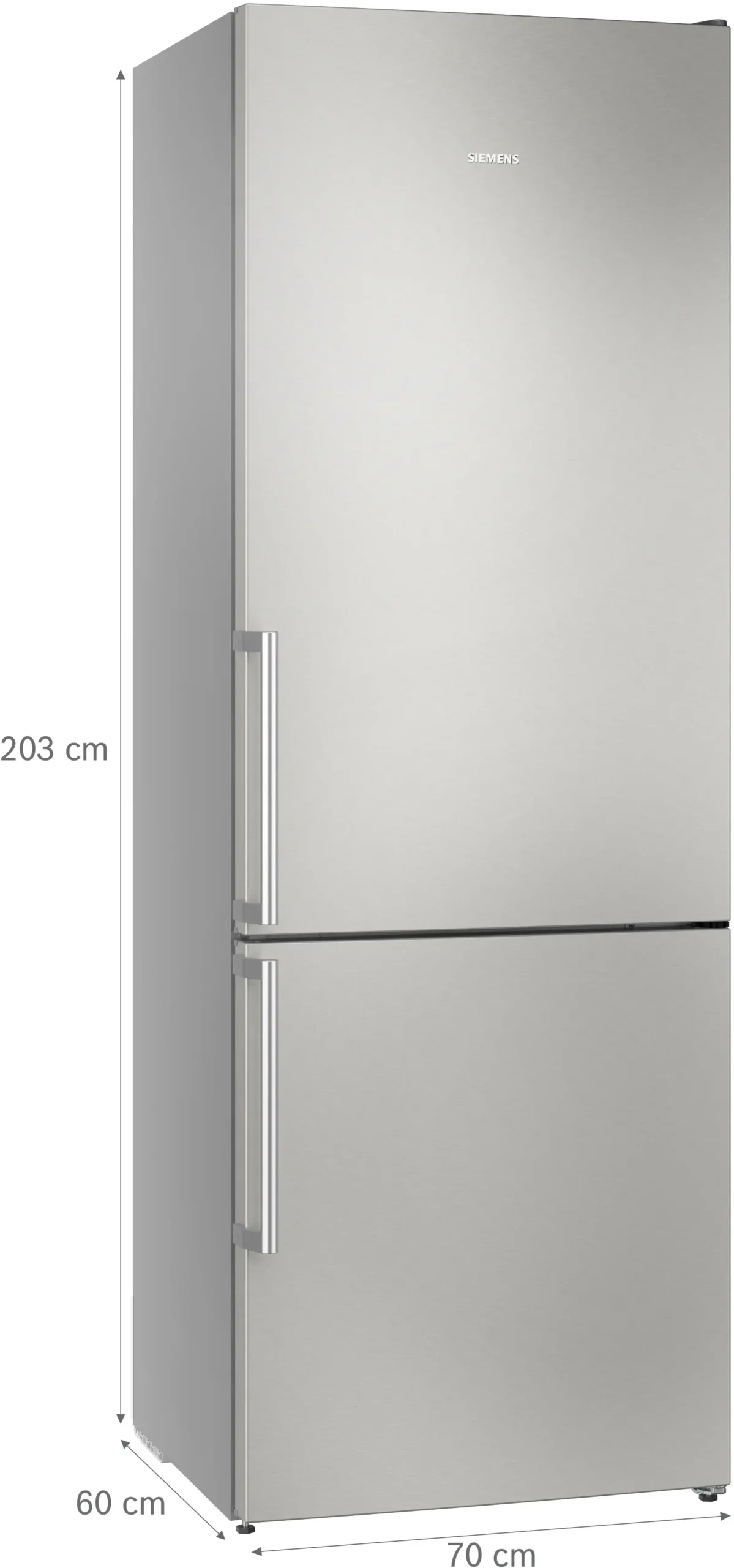 Le réfrigérateur SIEMENS KG49NEICU mesure 203 cm de haut, 70 cm de large et 60 cm de profondeur, avec un réfrigérateur supérieur et un congélateur inférieur spacieux.
