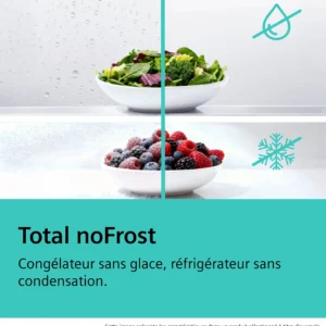Les salades fraîches et les baies restent parfaitement fraîches sans givre ni condensation dans le réfrigérateur SIEMENS KG49NEICU.