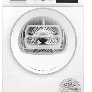 Le sèche-linge SIEMENS WT45H00MFR, présenté de face, est doté d'un panneau de commande électronique et d'une porte vitrée ronde en finition blanche.