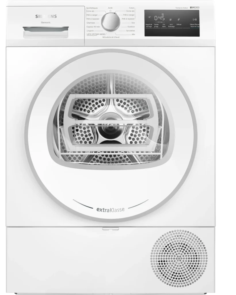 Le sèche-linge SIEMENS WT45H00MFR, présenté de face, est doté d'un panneau de commande électronique et d'une porte vitrée ronde en finition blanche.