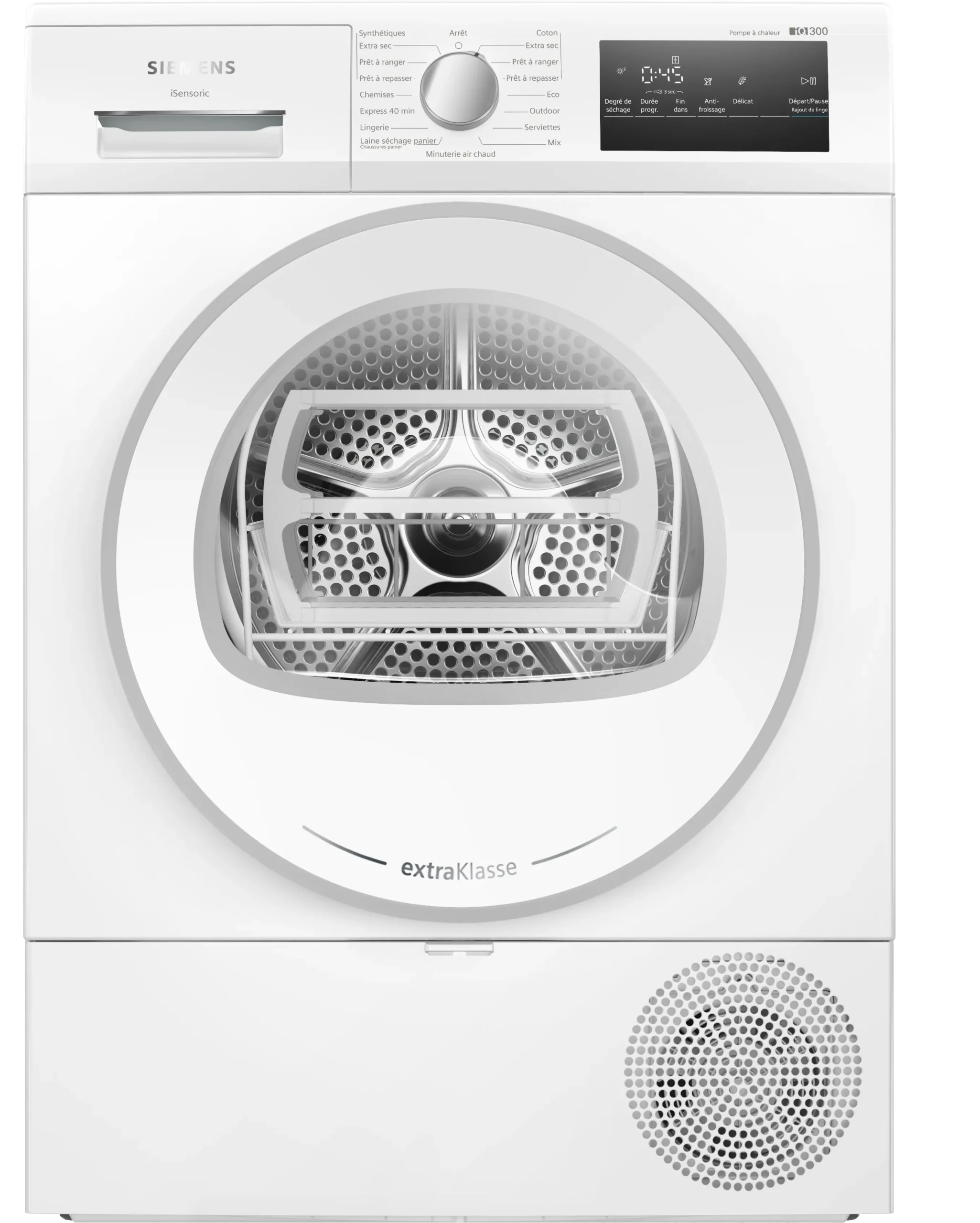 Le sèche-linge SIEMENS WT45H00MFR, présenté de face, est doté d'un panneau de commande électronique et d'une porte vitrée ronde en finition blanche.