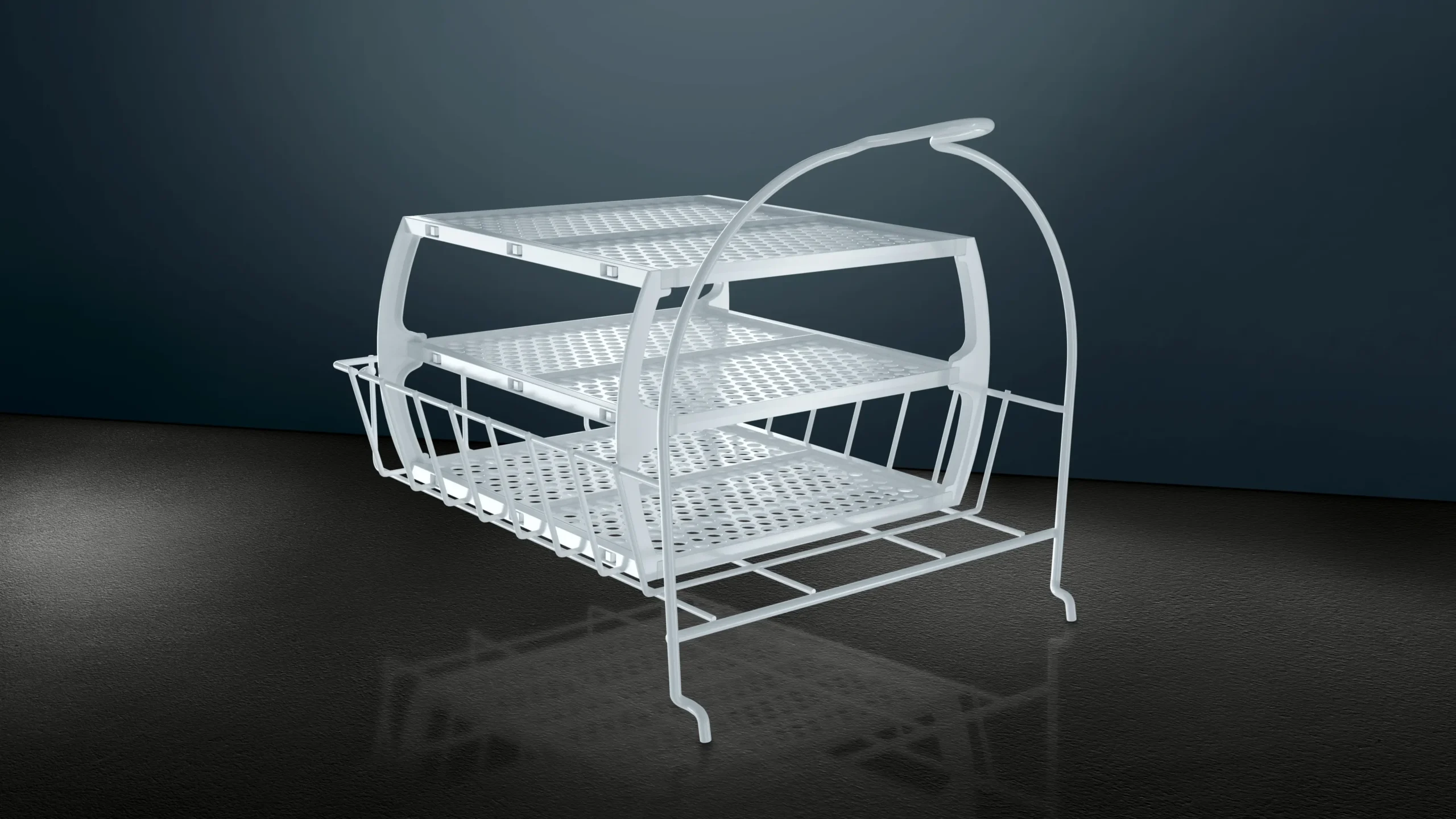 Une étagère métallique blanche à trois niveaux avec un panier latéral, présentée sur un sol sombre - parfaite pour organiser les accessoires de blanchisserie à côté de votre SIEMENS WT45H00MFR.