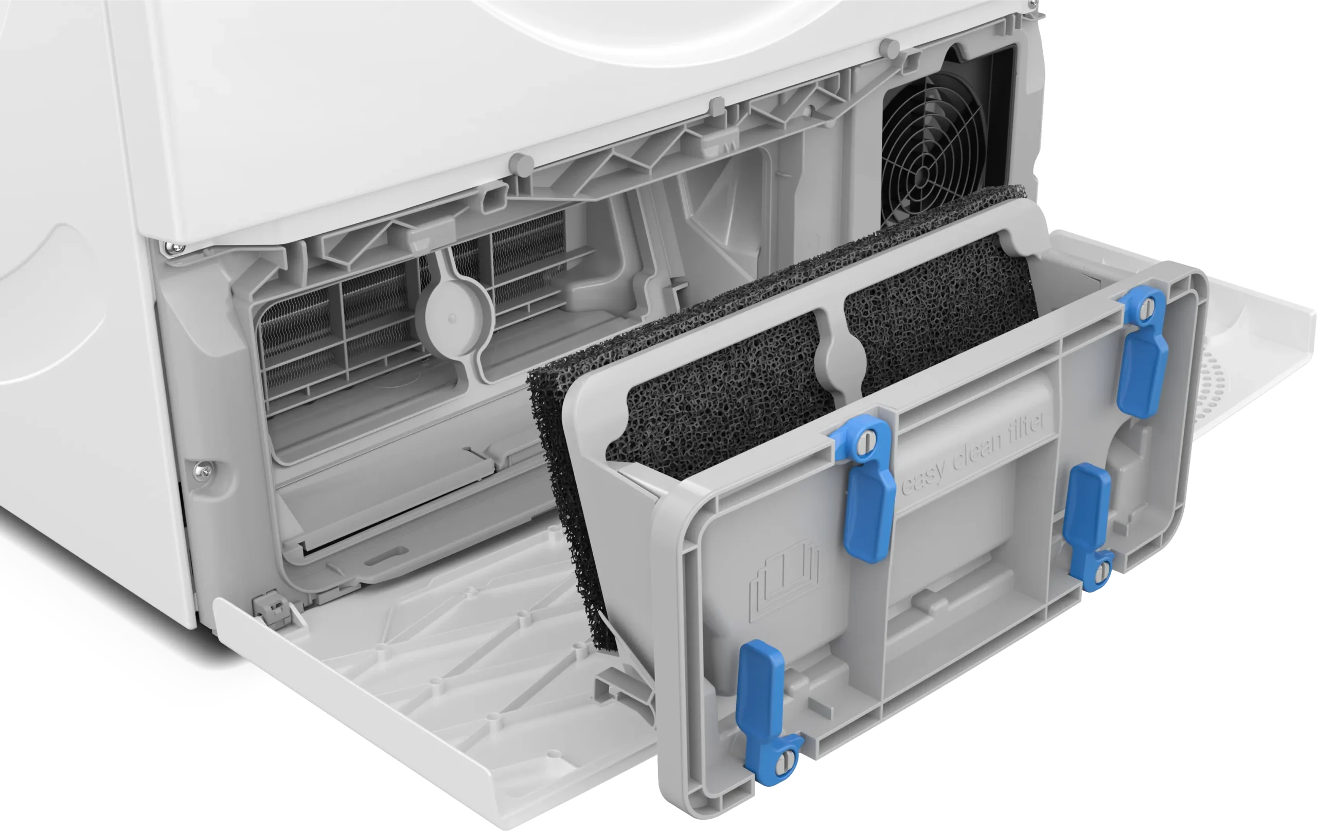 Gros plan sur le sèche-linge SIEMENS WT45H00MFR dont le bac à peluches amovible est partiellement sorti pour être nettoyé.