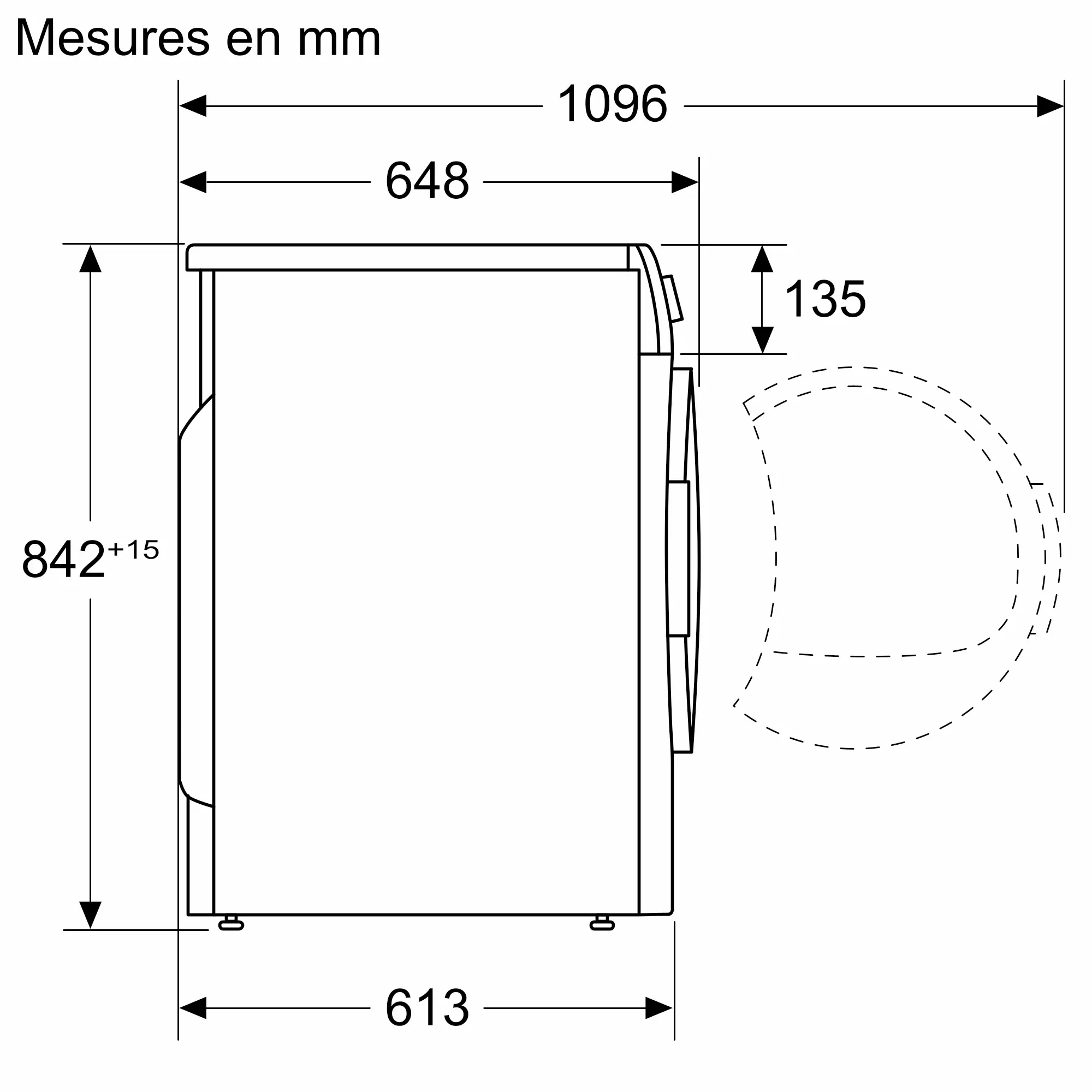 Schéma technique latéral du séchoir SIEMENS WT45H00MFR, indiquant les mesures détaillées en millimètres.