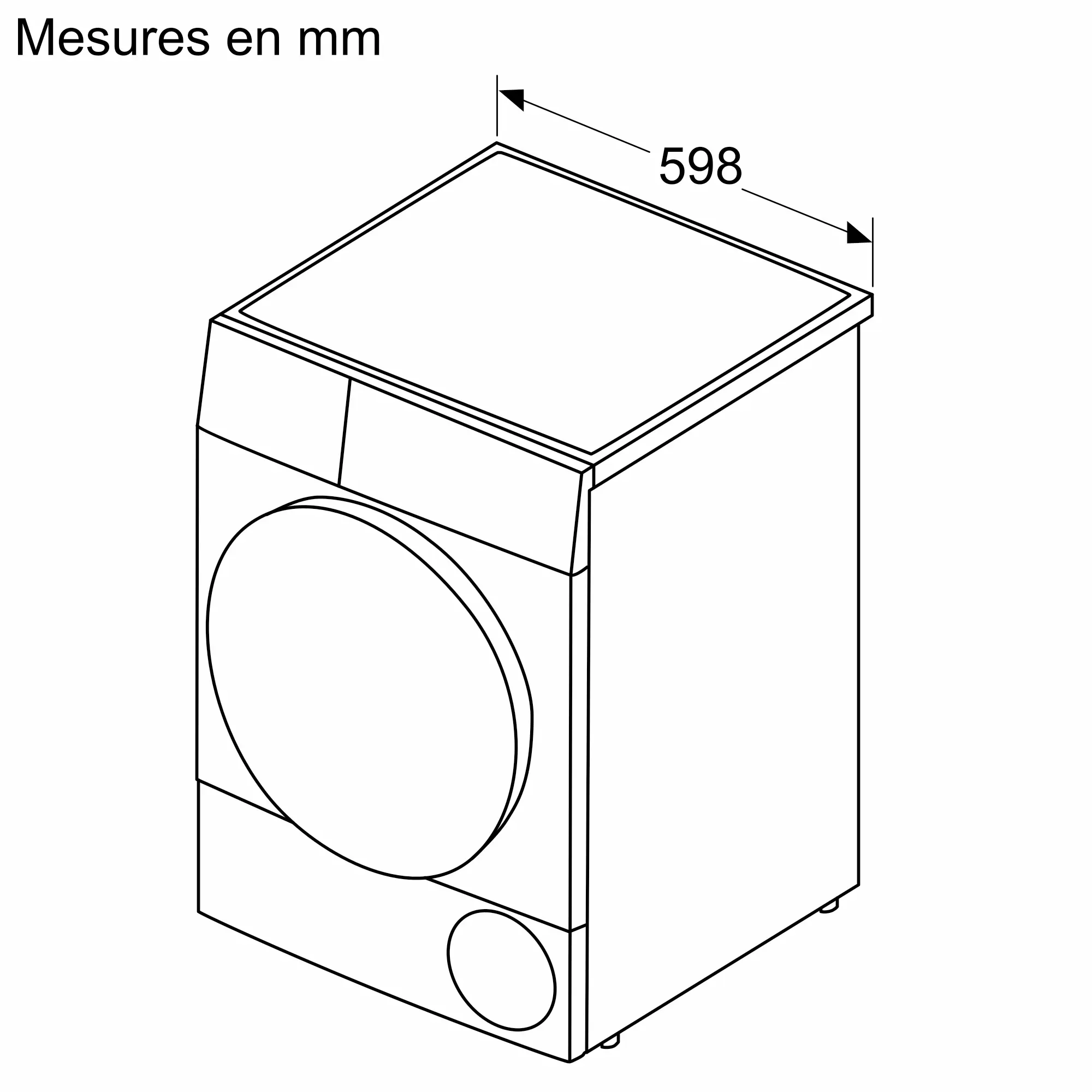 Dessin au trait du séchoir SIEMENS WT45H00MFR, montrant une largeur de 598 mm ; le texte indique "Mesures en mm.