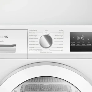 Gros plan sur le panneau de commande du sèche-linge SIEMENS WT45H00MFR, mettant en évidence le cadran du cycle et l'affichage numérique.
