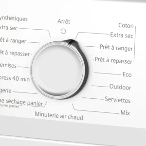 Gros plan du cadran du sèche-linge SIEMENS WT45H00MFR affichant différents programmes de séchage étiquetés en français.