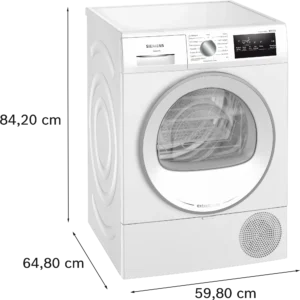 Le sèche-linge SIEMENS WT45H00MFR est blanc avec une porte et un panneau de commande, et ses dimensions sont 84,20 x 59,80 x 64,80 cm.