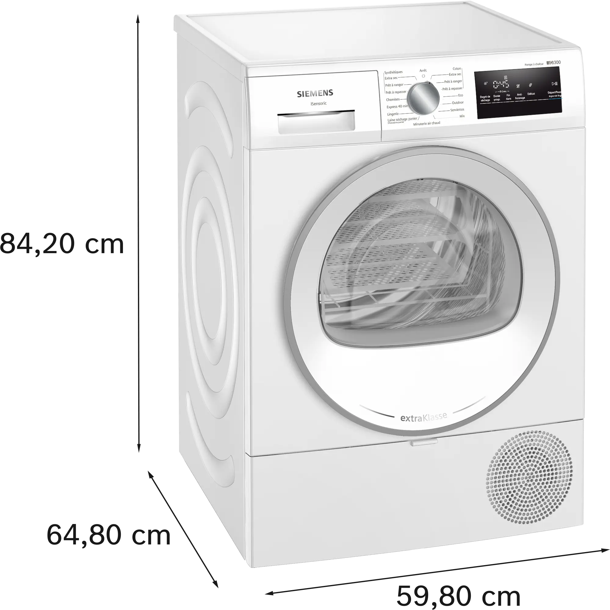 Le sèche-linge SIEMENS WT45H00MFR est blanc avec une porte et un panneau de commande, et ses dimensions sont 84,20 x 59,80 x 64,80 cm.