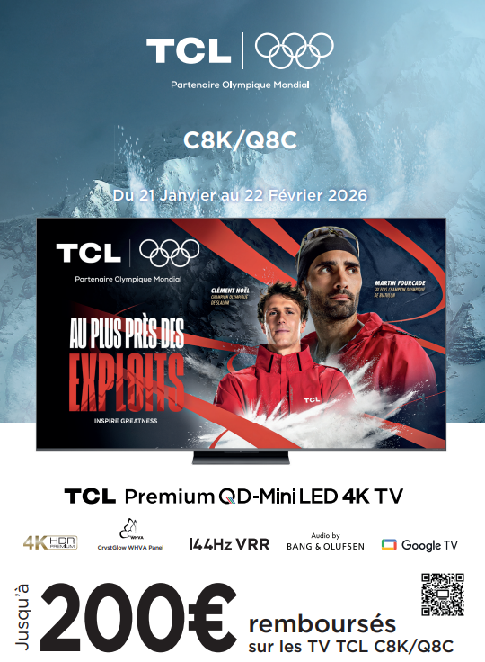 Affiche promotionnelle pour le téléviseur TCL C8K 4K, présentant deux athlètes masculins et la marque olympique, avec une offre de cashback. L'offre est valable jusqu'à JANV 2026.