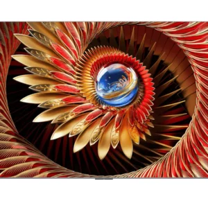 Le TCL 98C8K présente un motif abstrait or et rouge en spirale avec une sphère bleue réfléchissante en son centre.