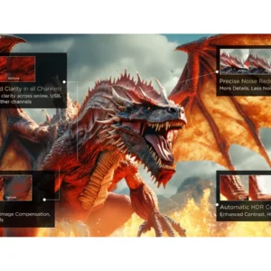 Un dragon rouge féroce crache du feu à côté de boîtes techniques présentant les fonctions avancées d'amélioration de l'image du TCL 98C8K.