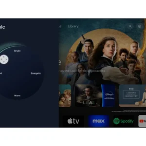 Le TCL 98C8K affiche une molette de réglage audio étiquetée Bright, Energetic, Warm et Relaxed à côté de l'écran d'accueil d'un service de streaming.