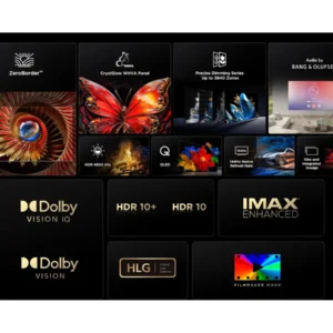 Un collage d'icônes de fonctions TV, telles que Dolby Vision, IMAX Enhanced, HDR, et des images de papillons vibrants, met en évidence les capacités d'affichage avancées du TCL 98C8K.