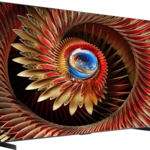 Le téléviseur à écran plat TCL 98C8K présente un motif abstrait vif avec des teintes rouges et dorées tourbillonnantes et un centre bleu saisissant.