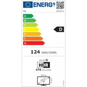Le téléviseur TCL 98C8K possède un label énergétique européen de classe D, consomme 124 kWh/1000h (HDR : 470 kWh/1000h) et dispose d'un écran de 98 pouces.