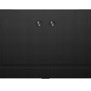 Vue arrière du TCL 98C8K, un grand téléviseur à écran plat doté d'une grille texturée et de deux supports circulaires près du centre.