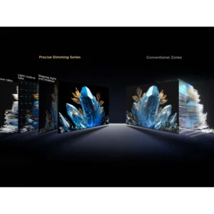 Comparaison des écrans de télévision : Série de gradation précise du TCL 98C8K par rapport aux zones conventionnelles, les deux affichant des cristaux bleus.