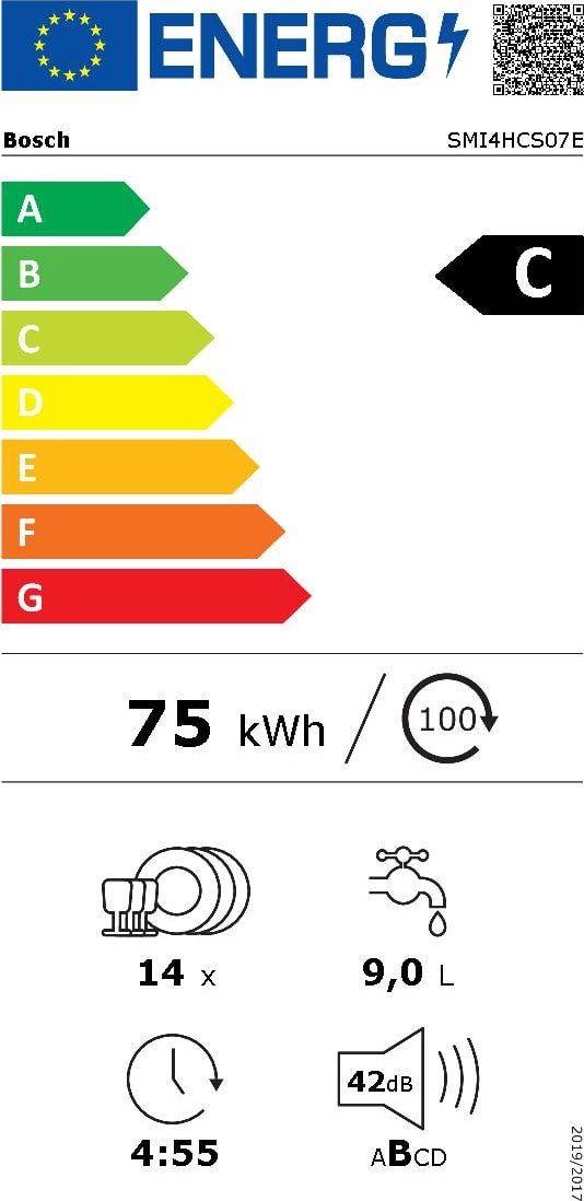 Le lave-vaisselle encastrable BOSCH SMI4HCS07E peut contenir 14 couverts, a une cote énergétique C, consomme 75 kWh/100 cycles et 9L d'eau par cycle, fonctionne silencieusement à 42dB, et effectue un lavage complet en un peu moins de 5 heures.