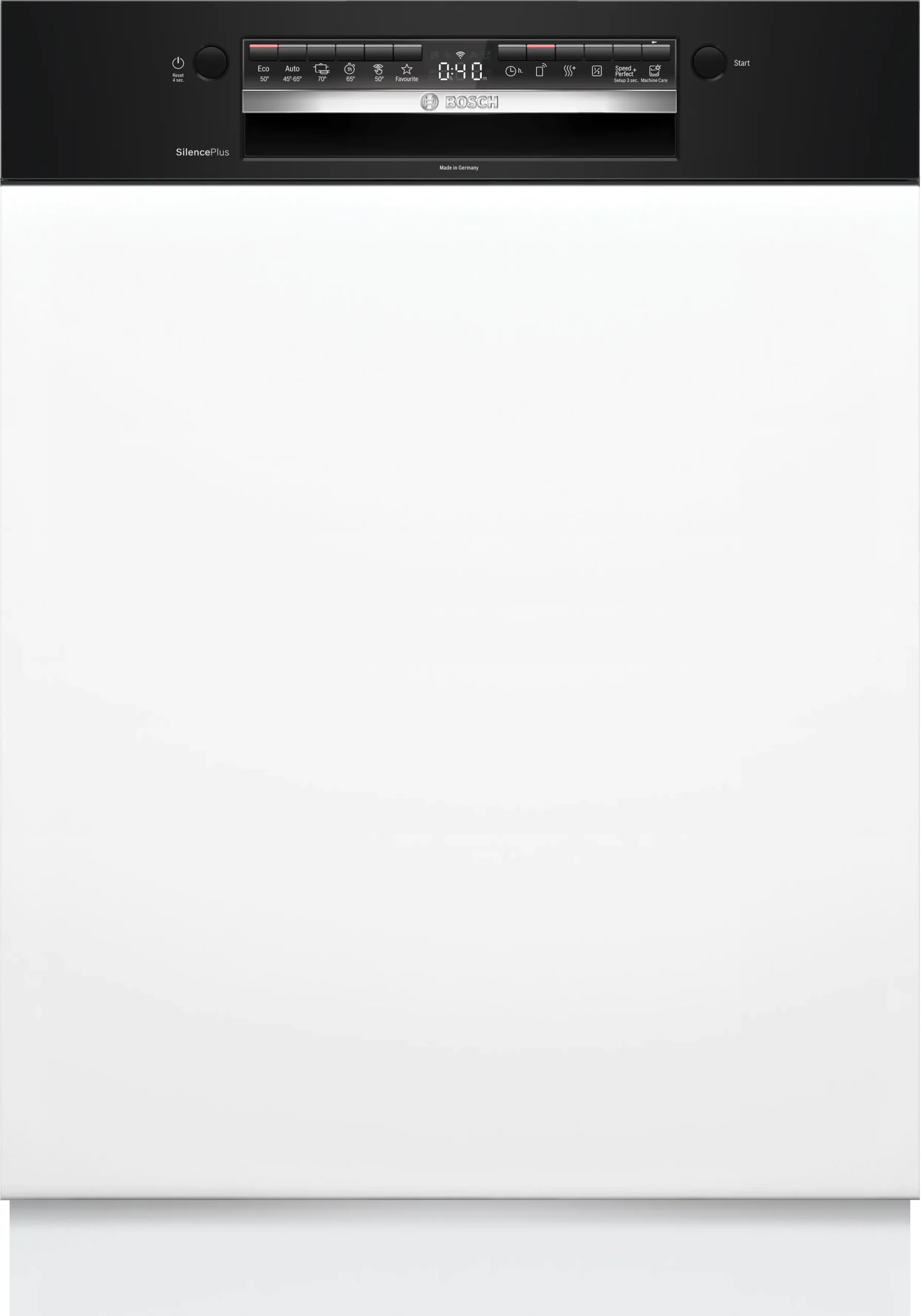 Le lave-vaisselle encastrable BOSCH SMI4HCB07E présente un élégant panneau de commande noir sur sa face avant, avec des réglages de cycle et une minuterie numérique.