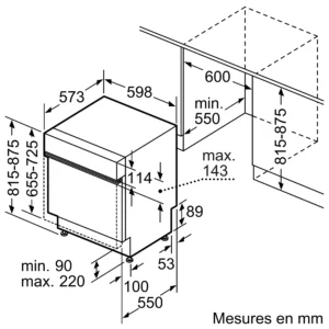 Schéma technique du lave-vaisselle sous plan BOSCH SMI4HCB07E, avec mesures détaillées en millimètres.