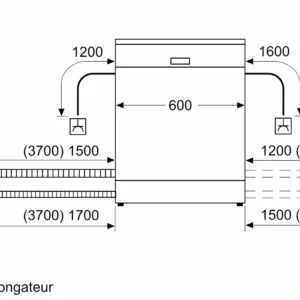 Schéma d'installation du lave-vaisselle encastrable BOSCH SMI4HCB07E, indiquant la longueur des tuyaux et les dimensions indiquées en millimètres.