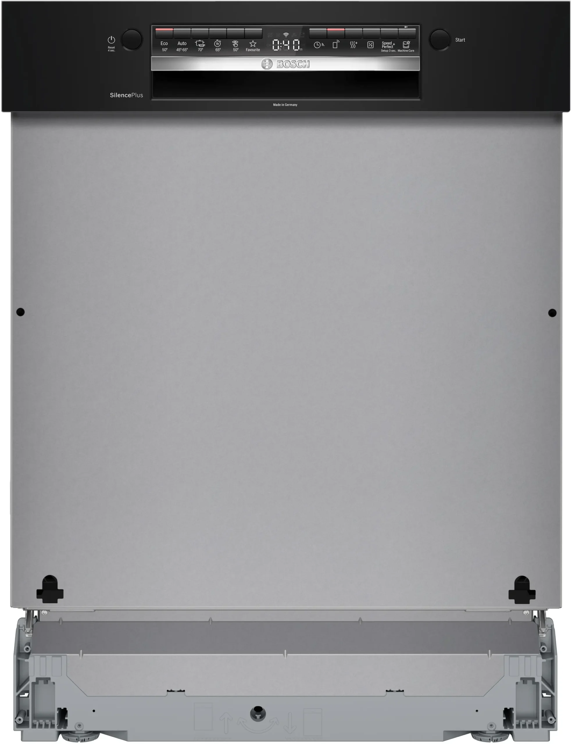 Vue avant du lave-vaisselle encastrable BOSCH SMI4HCB07E, mettant en valeur son panneau de commande noir moderne et son affichage numérique.