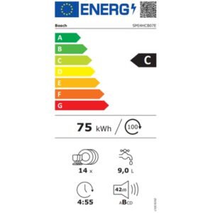 Lave-vaisselle encastrable BOSCH SMI4HCB07E : étiquette énergétique C, consomme 75 kWh/an, 9L par cycle, 14 couverts, silencieux à 42 dB, durée de fonctionnement de 4:55.