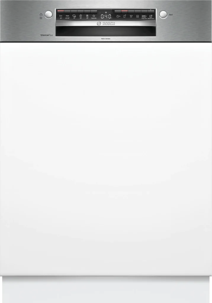 Vue frontale du lave-vaisselle BOSCH SMV6YC803F (Copier) doté d'un panneau de commande numérique et d'une finition en acier inoxydable, mettant en valeur la technologie avancée de Bosch pour un nettoyage sans effort.