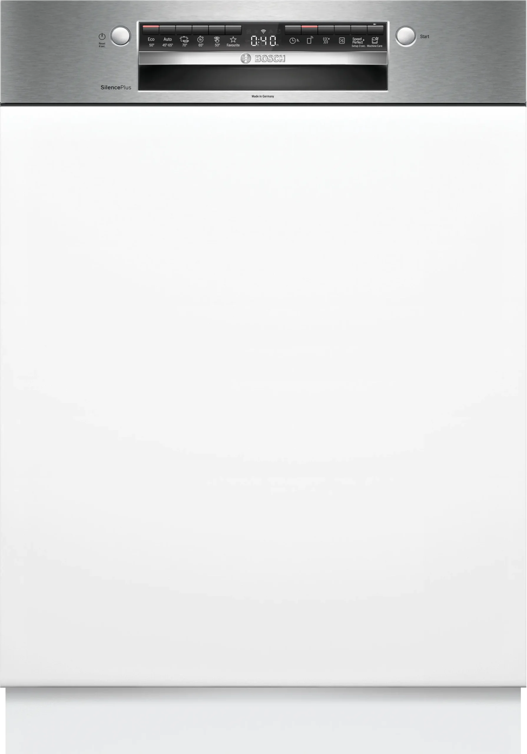 Vue frontale du lave-vaisselle BOSCH SMV6YC803F (Copier) doté d'un panneau de commande numérique et d'une finition en acier inoxydable, mettant en valeur la technologie avancée de Bosch pour un nettoyage sans effort.