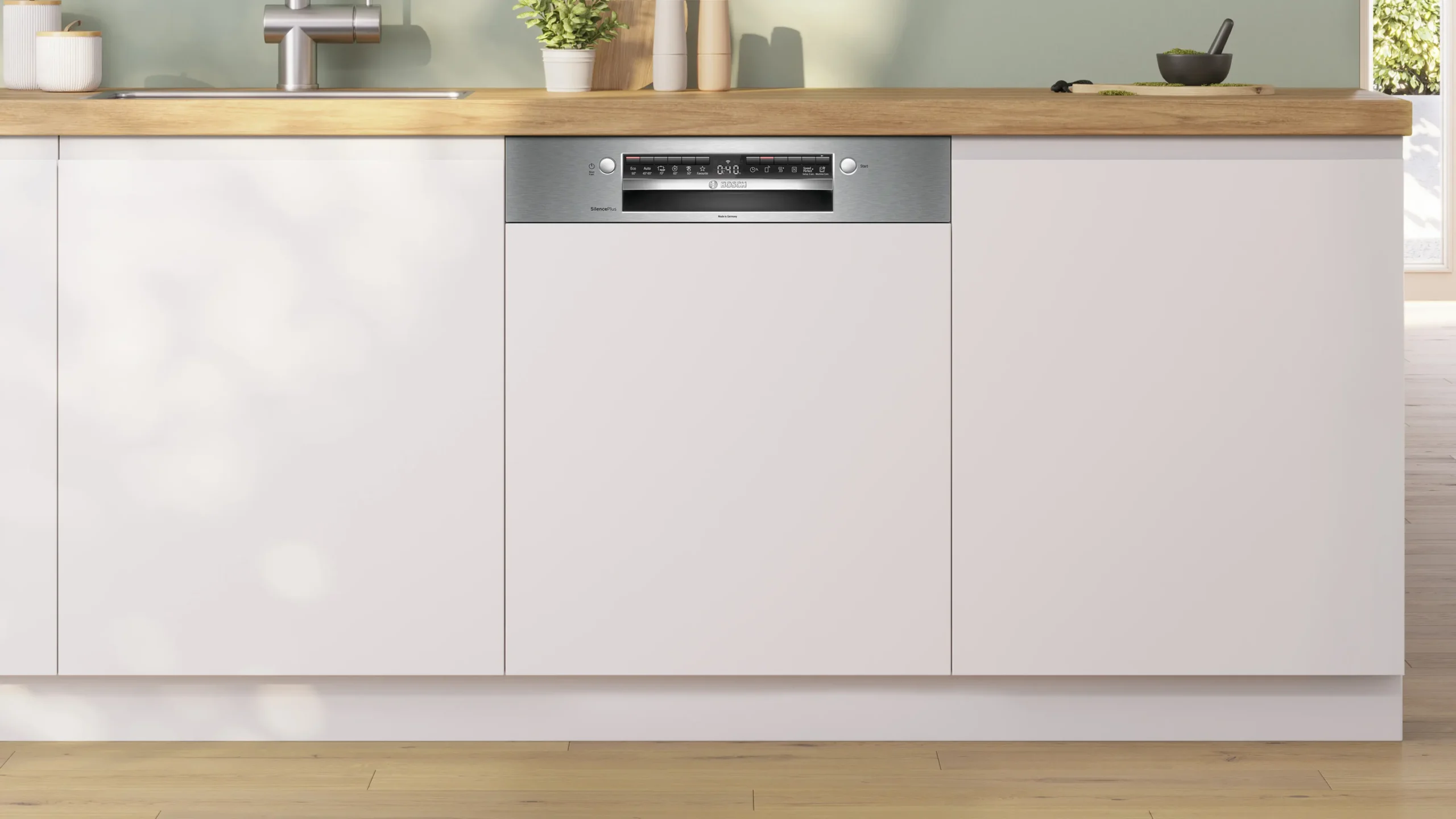 Un lave-vaisselle encastrable BOSCH SMV6YC803F (Copier) avec un panneau de commande en acier inoxydable rehausse le design d'une cuisine blanche moderne.