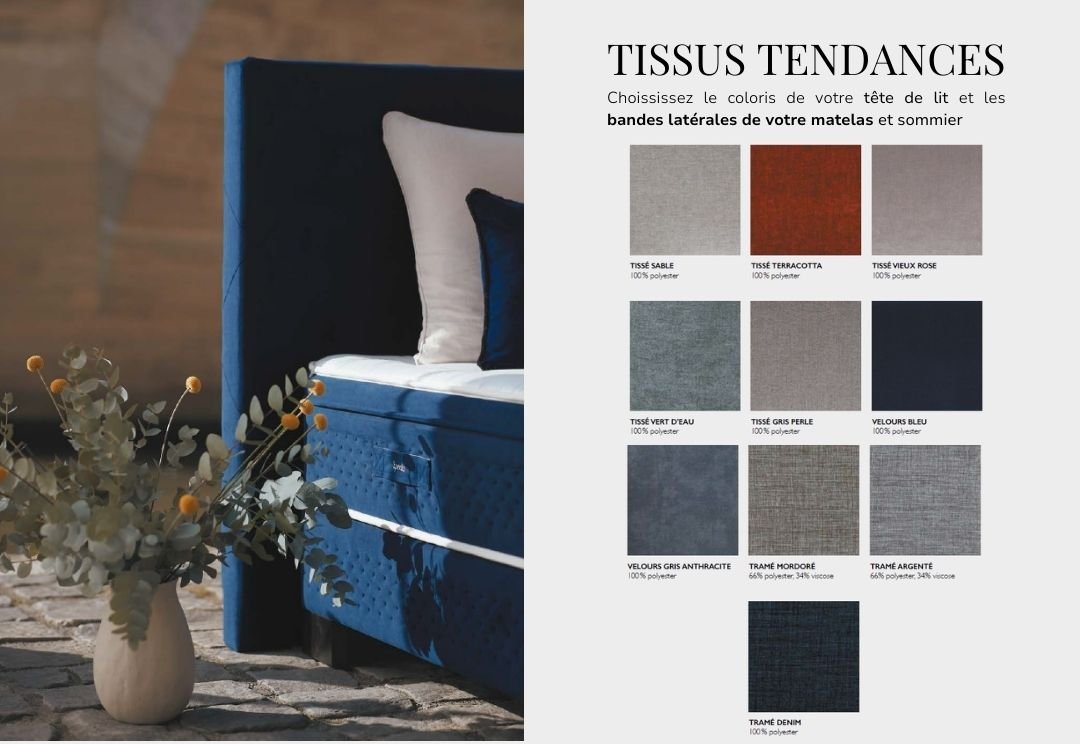 Le lit capitonné EPEDA GALACTIQUE 2 160x200 bleu est placé à côté d'un vase de fleurs. Des échantillons de tissus et un texte en français sur les options de tissus disponibles sont également montrés.