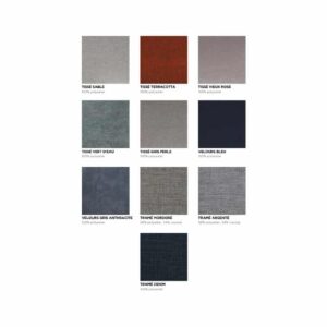 Une grille de neuf échantillons de tissus de différentes couleurs, chacun étiqueté avec son nom et sa composition - idéal pour assortir la collection EPEDA PERSÉIDES 2 160x200.