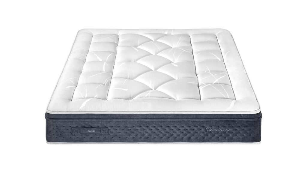Le matelas EPEDA PERSÉIDES 2 160x200 présente un motif matelassé blanc et est accompagné d'un sommier gris foncé, présenté de face sur un fond blanc.