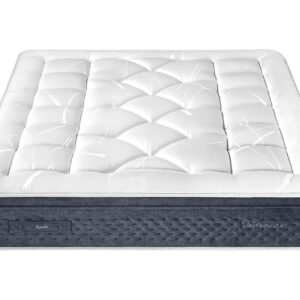 Le matelas EPEDA PERSÉIDES 2 160x200 présente un motif matelassé blanc et est accompagné d'un sommier gris foncé, présenté de face sur un fond blanc.