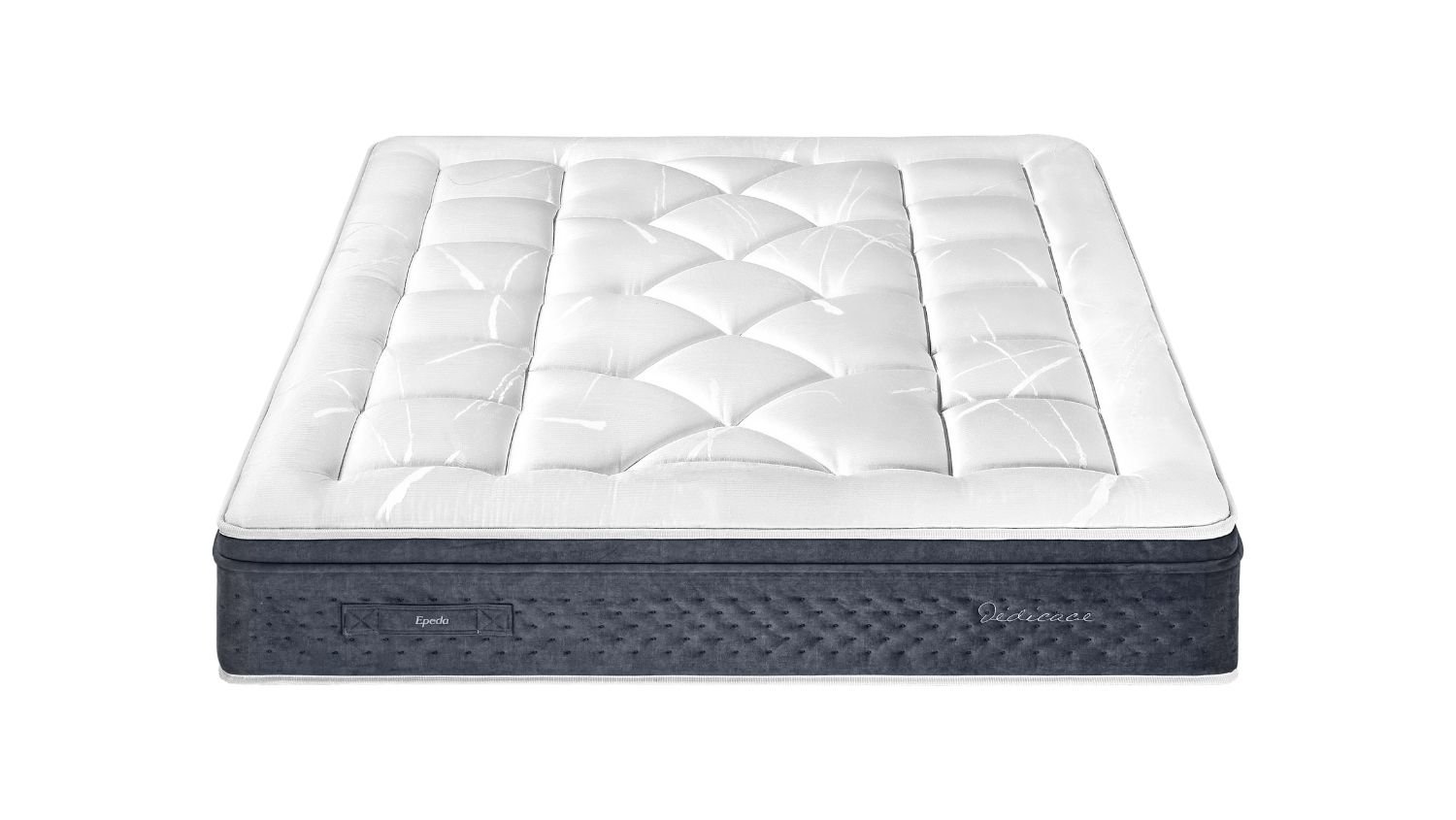 Le matelas EPEDA PERSÉIDES 2 160x200 présente un motif matelassé blanc et est accompagné d'un sommier gris foncé, présenté de face sur un fond blanc.