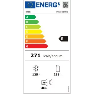 Le réfrigérateur HAIER HTW5618ENMG a une cote énergétique E, consomme 271 kWh/an, offre un réfrigérateur de 125 litres et un congélateur de 235 litres, et fonctionne silencieusement avec seulement 35 dB.
