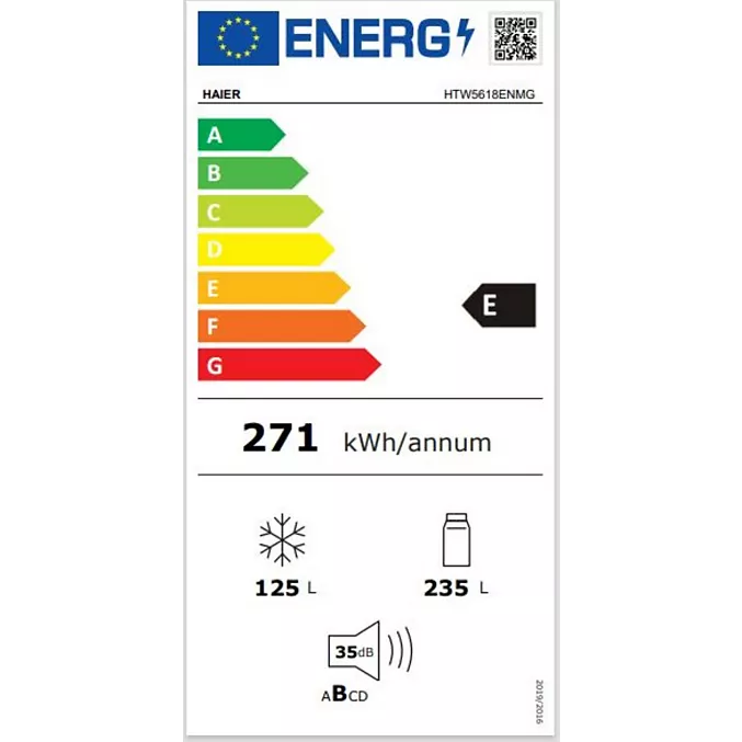 Le réfrigérateur HAIER HTW5618ENMG a une cote énergétique E, consomme 271 kWh/an, offre un réfrigérateur de 125 litres et un congélateur de 235 litres, et fonctionne silencieusement avec seulement 35 dB.