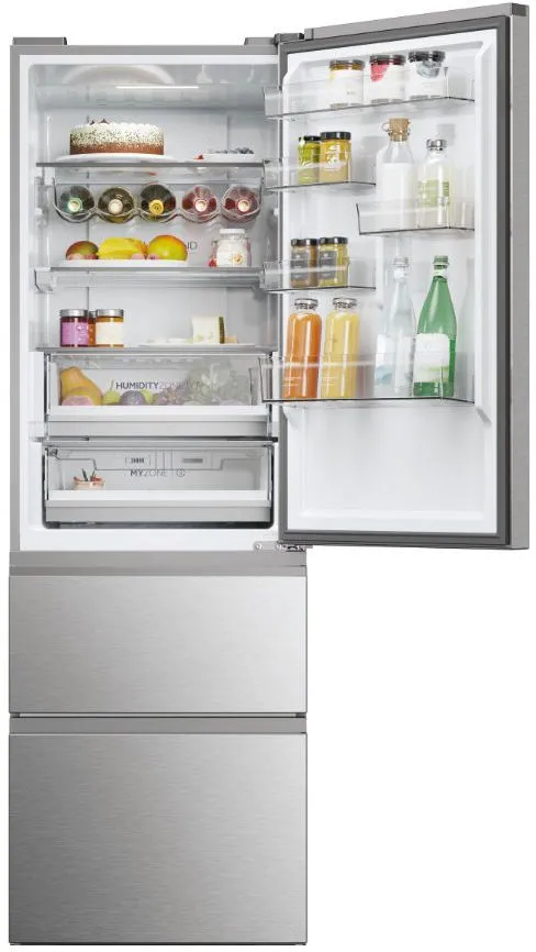 Le réfrigérateur HAIER HTW5618ENMG présente des boissons, des desserts, des fruits et des condiments bien organisés sur ses étagères et à l'intérieur de ses tiroirs.
