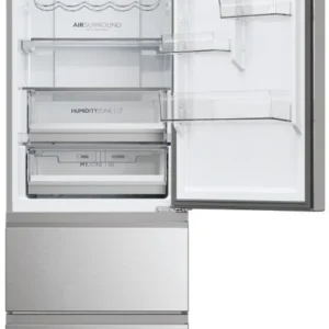 Le réfrigérateur HAIER HTW5618ENMG, doté d'une finition moderne en acier inoxydable, est présenté avec sa porte supérieure ouverte afin d'exposer les étagères et les tiroirs vides.