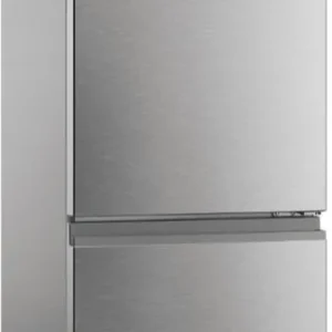 Le HAIER HTW5618ENMG est un réfrigérateur argenté à trois portes doté d'un panneau de commande numérique moderne sur la porte supérieure.
